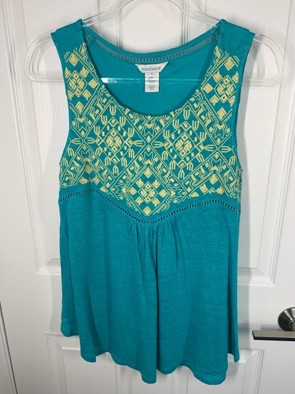Sundance linen turquoise and yellow embroidered tank top